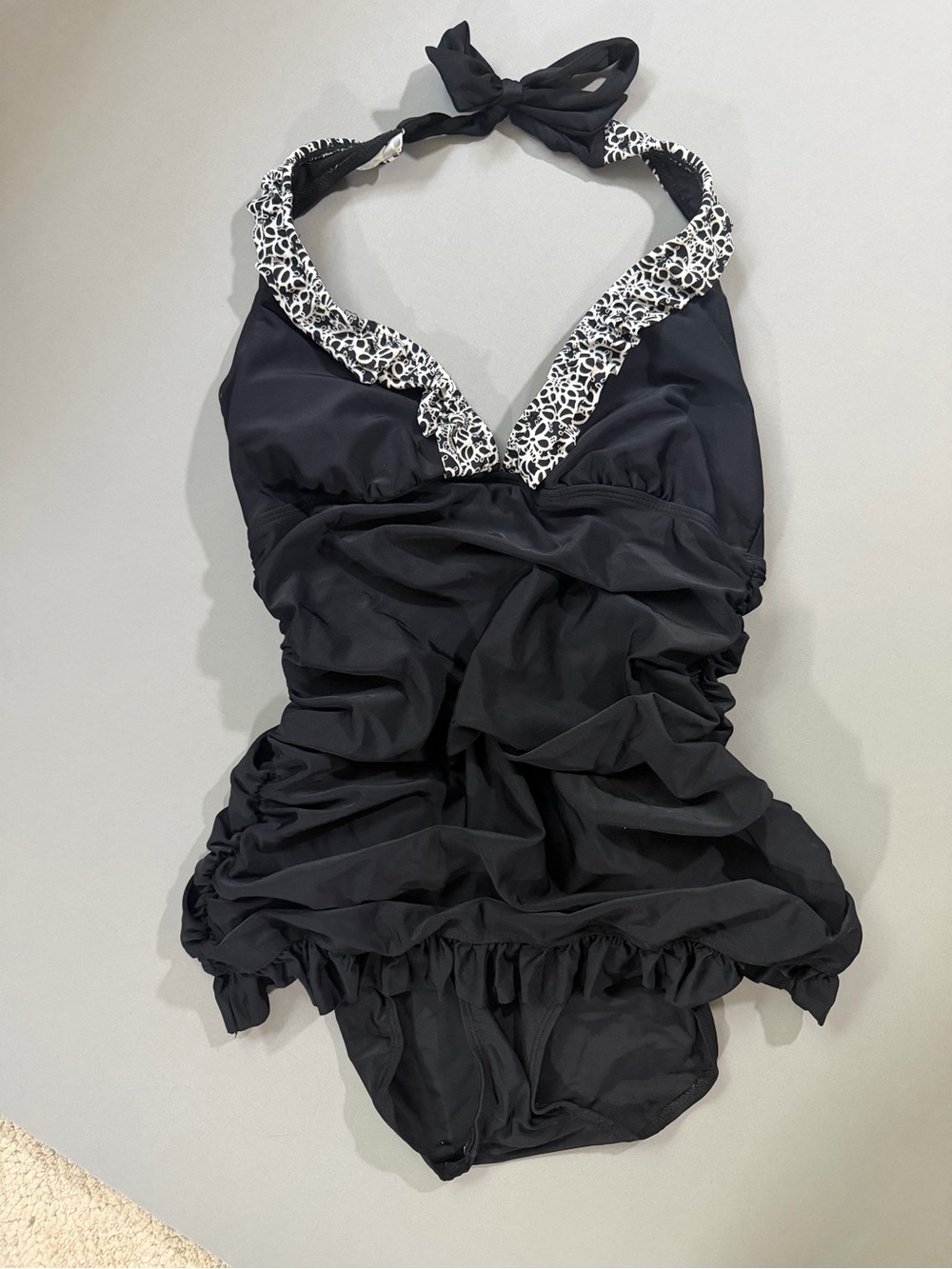 One-Piece Swimsuit with Skirt Top Overlay and Patterned Trim